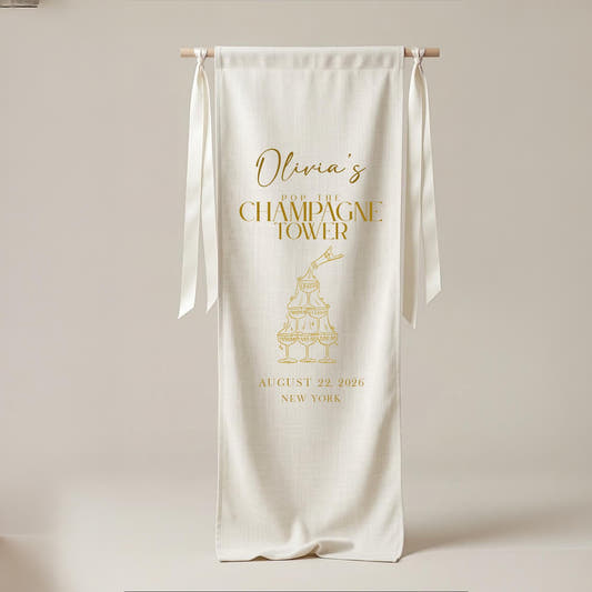 Custom Champagne Tower Banner, Washed Linen-Look Canvas Bridal Shower Decor, Editorial Bachelorette Sign