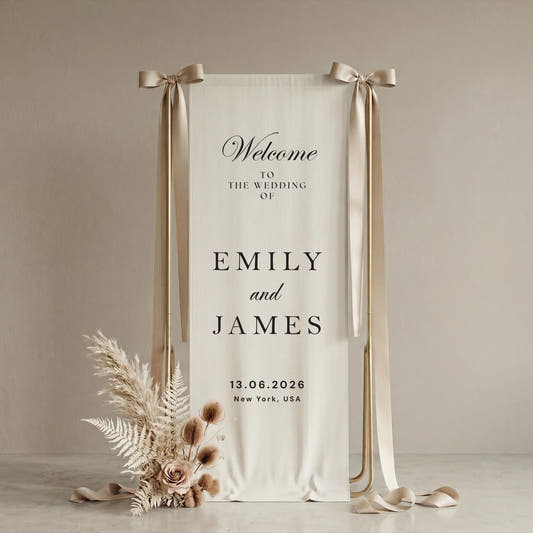 Boho Wedding Welcome Sign, Linen Fabric Banner, Garden Ceremony Decor