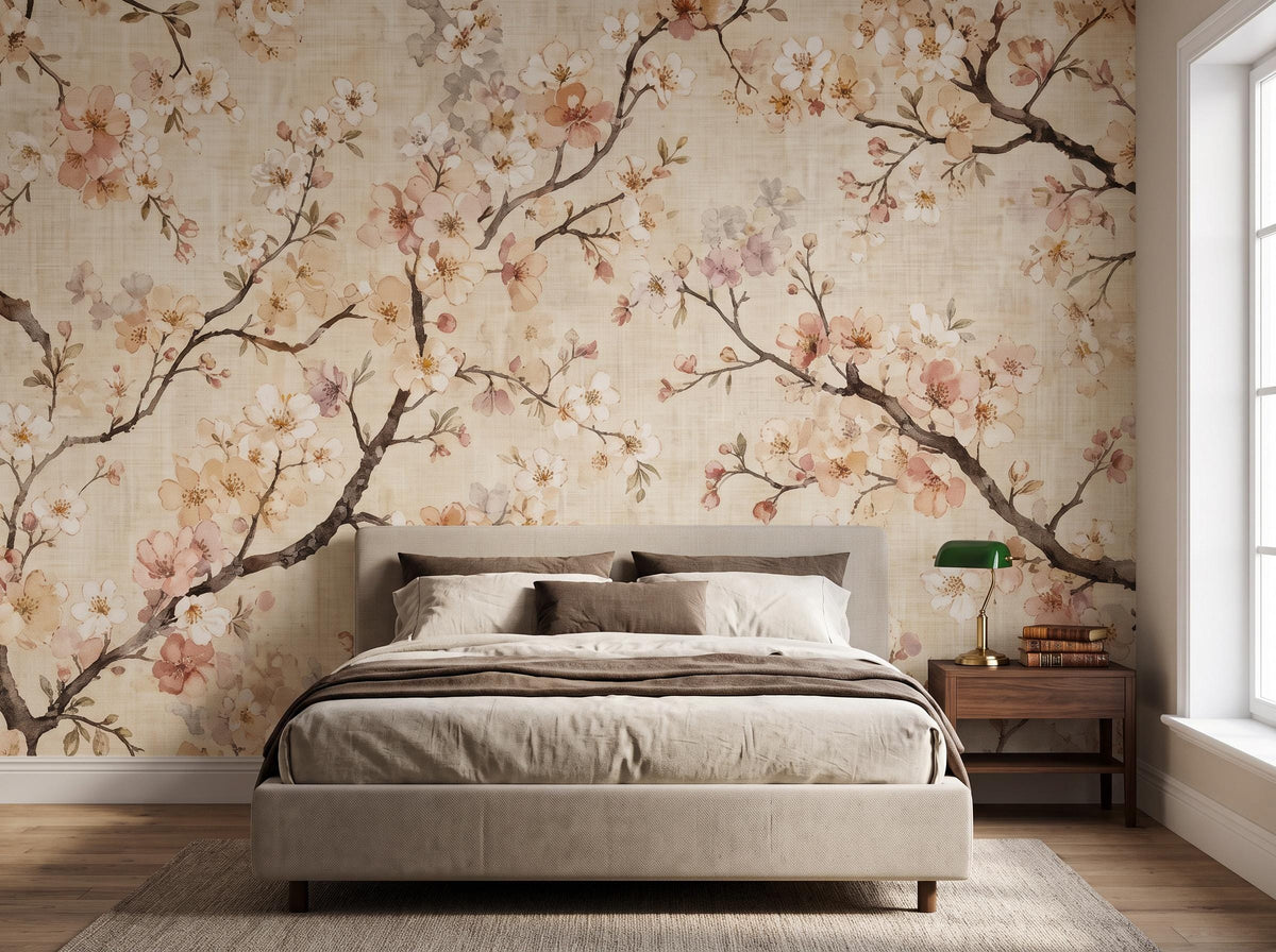 Bedroom corner with the watercolour blossom wallpaper, a pale bed and a green desk lamp