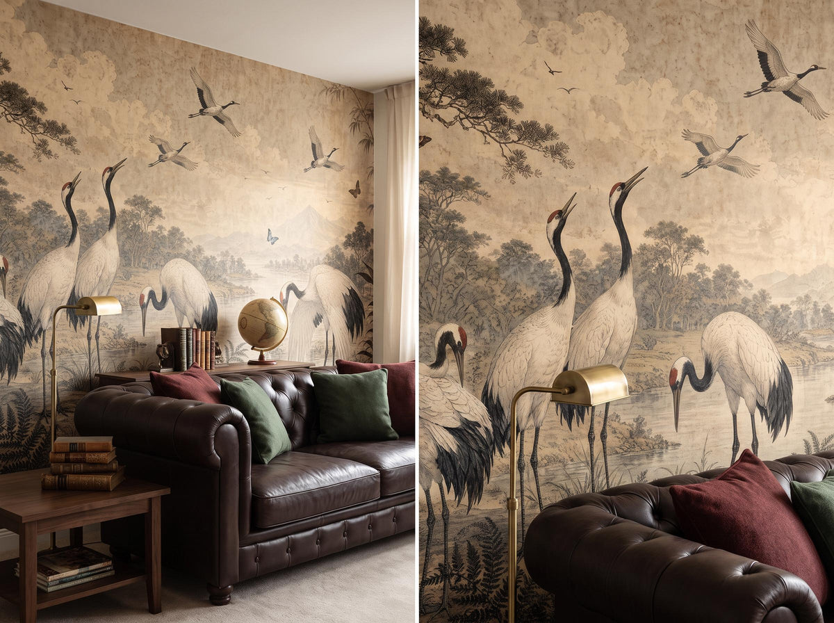 Close view of the red-crowned cranes and flying birds above a leather sofa and brass lamp