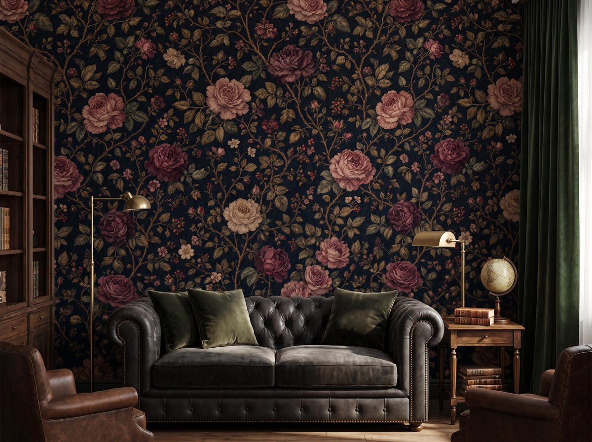 Corner room with the midnight rose wallpaper, a tufted sofa, green curtains and a brass lamp