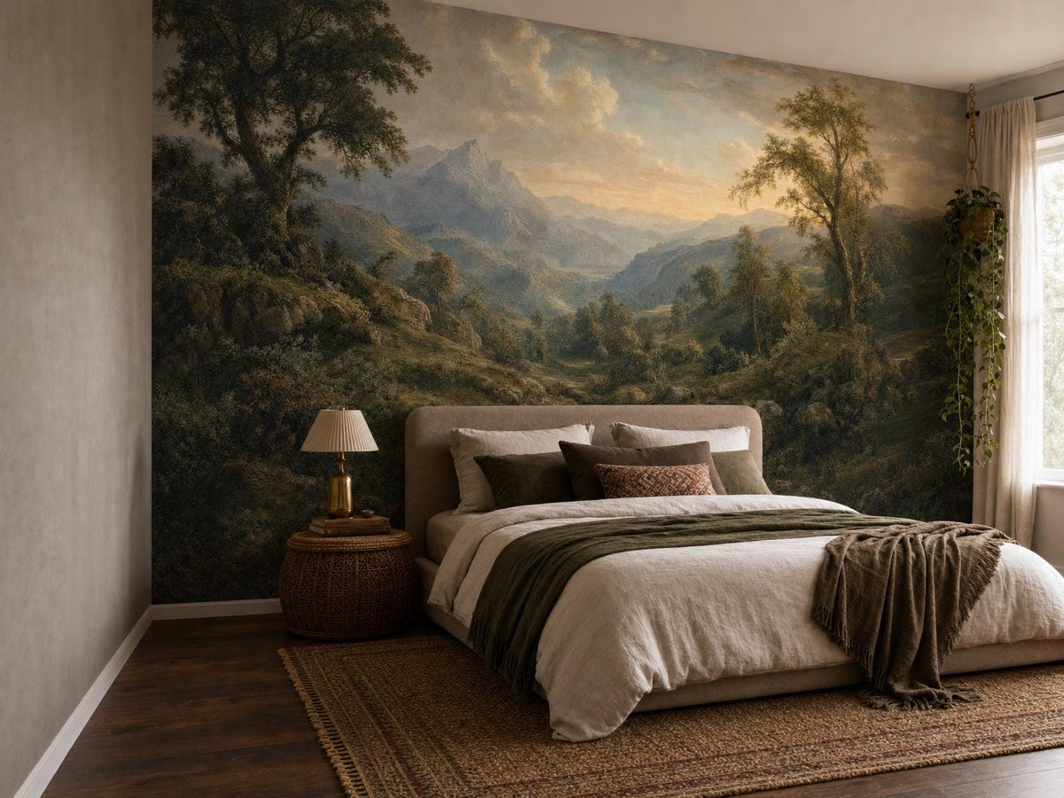 Bedroom corner with the valley mural, a bed with an olive throw and a curtained window