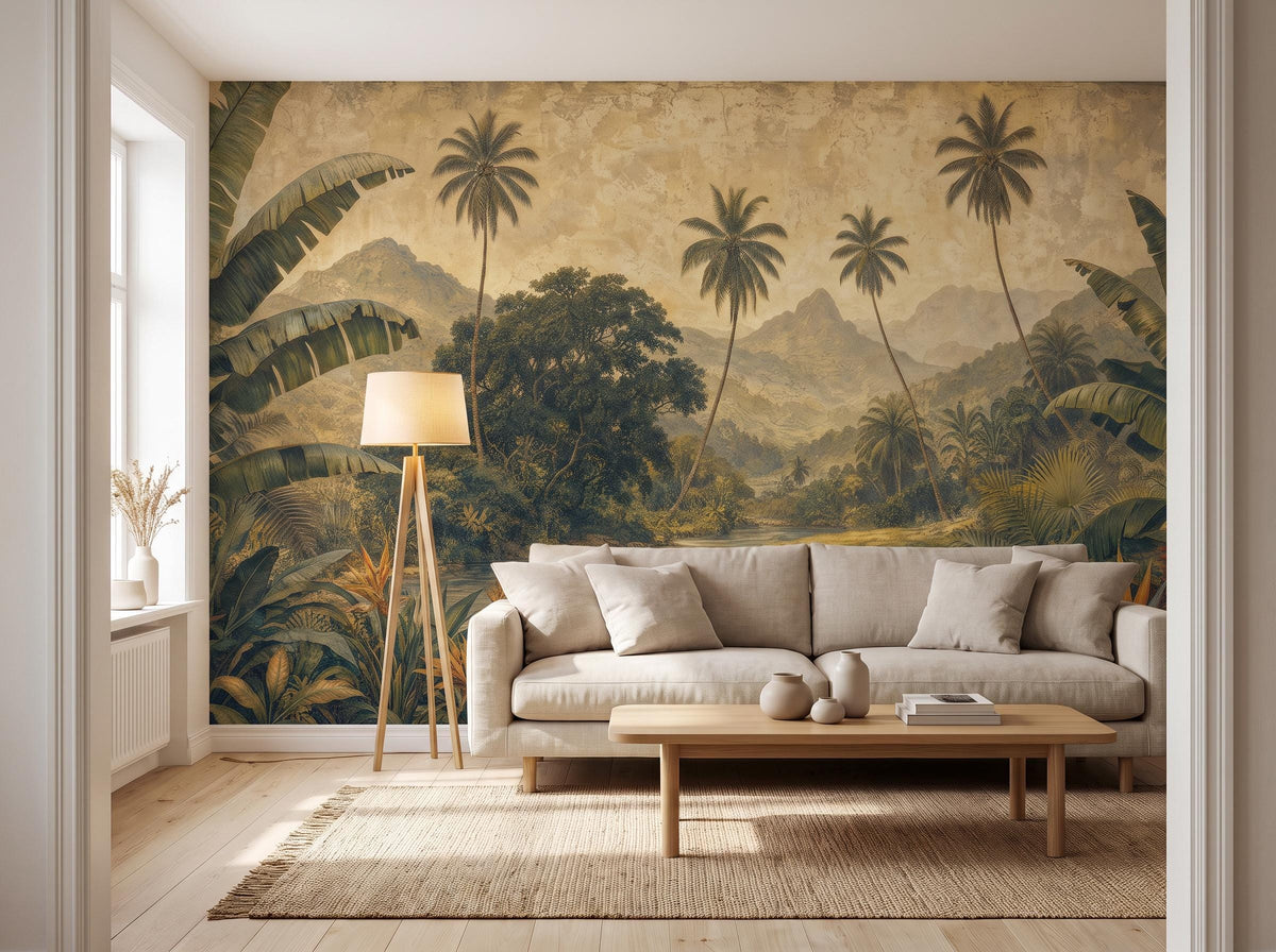 Wide living room with the antique green jungle mural, a low sofa, wooden table and floor lamp