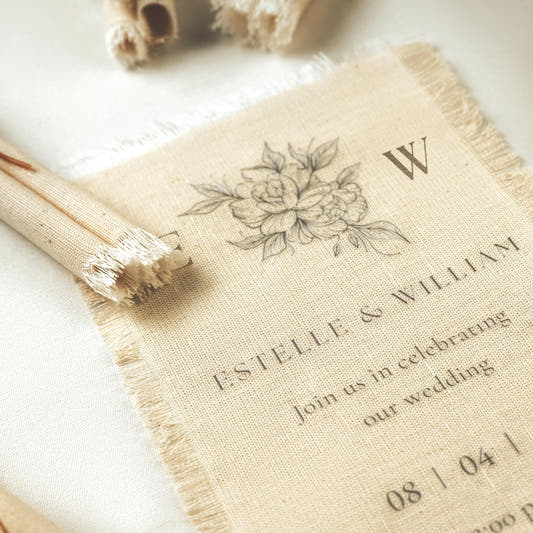 Linen Wedding Invitation with Frayed Edge, Botanical Fabric Invite, Rustic Boho Stationery, Personalized Card