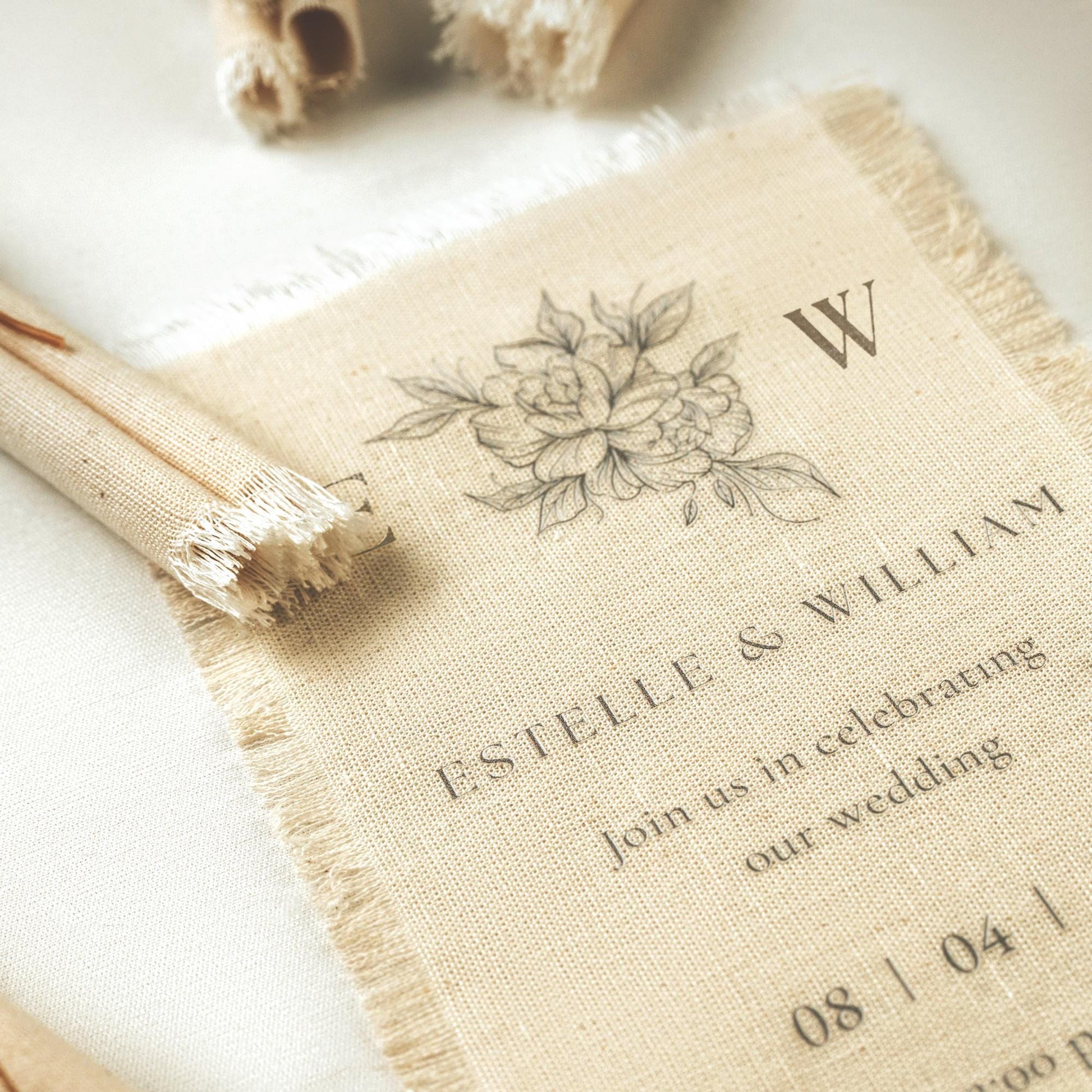 Linen Wedding Invitation with Frayed Edge, Botanical Fabric Invite, Rustic Boho Stationery, Personalized Card