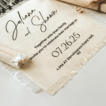 Custom Venue Illustration Wedding Invitation, Linen Frayed Edge Italian Card, Personalized Tuscan Stationery