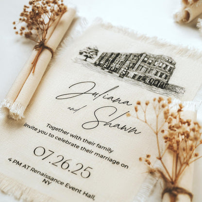 Custom Venue Illustration Wedding Invitation, Linen Frayed Edge Italian Card, Personalized Tuscan Stationery