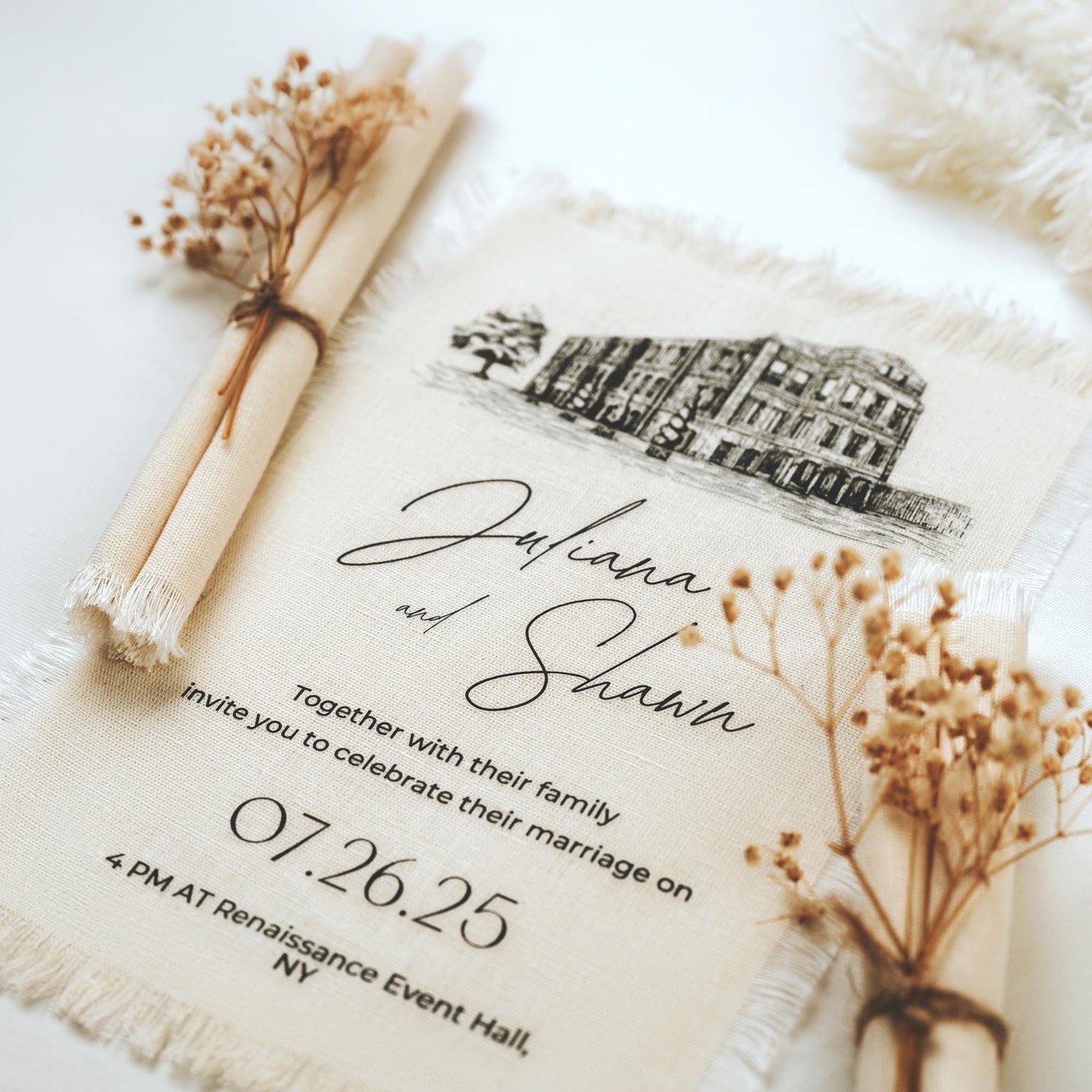 Custom Venue Illustration Wedding Invitation, Linen Frayed Edge Italian Card, Personalized Tuscan Stationery