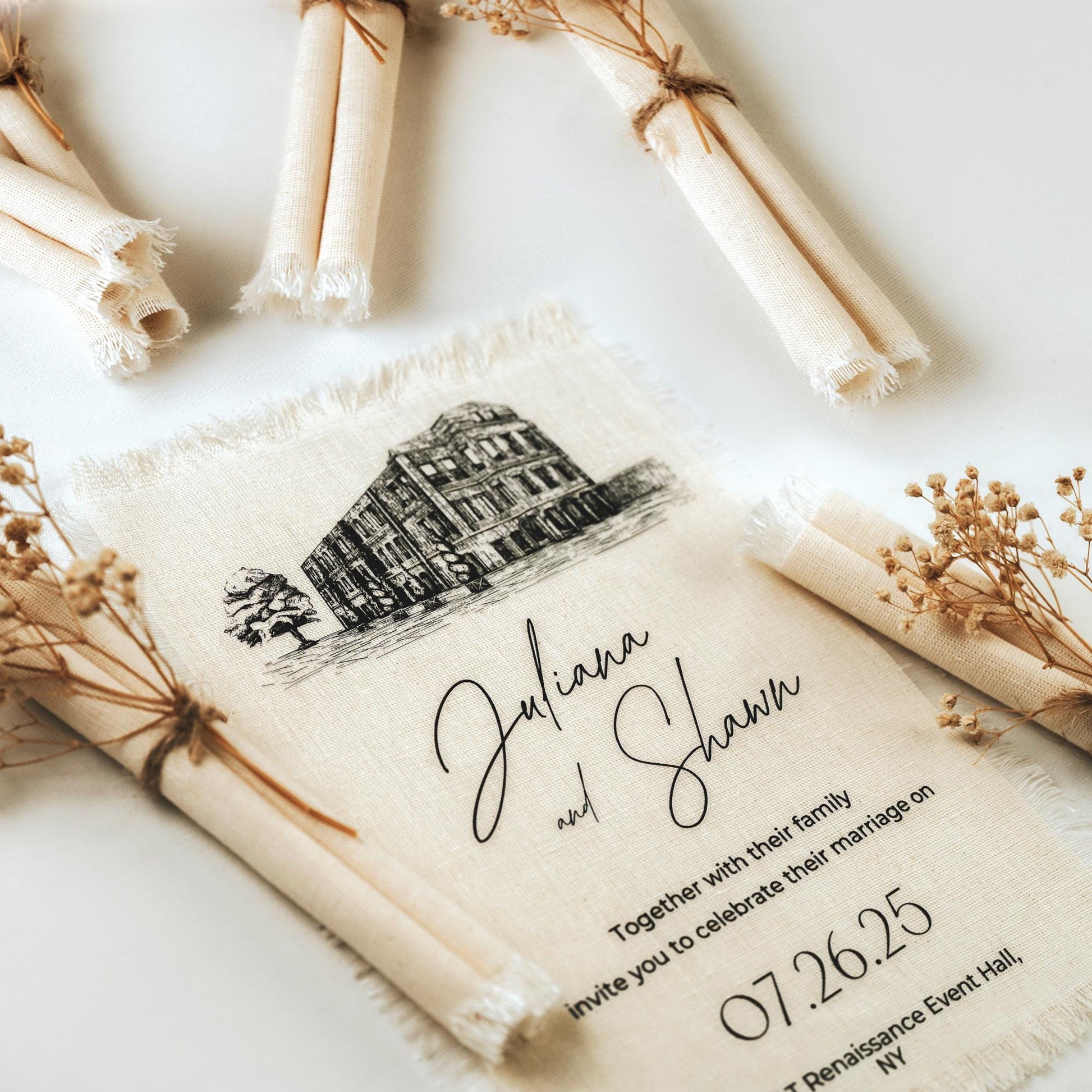 Custom Venue Illustration Wedding Invitation, Linen Frayed Edge Italian Card, Personalized Tuscan Stationery
