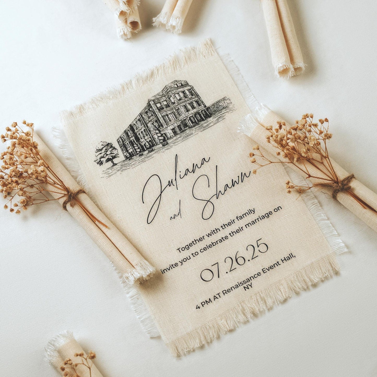 Custom Venue Illustration Wedding Invitation, Linen Frayed Edge Italian Card, Personalized Tuscan Stationery