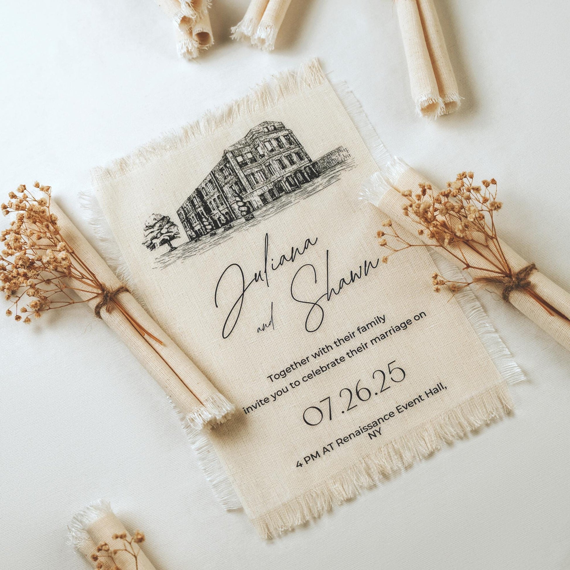 Custom Venue Illustration Wedding Invitation, Linen Frayed Edge Italian Card, Personalized Tuscan Stationery