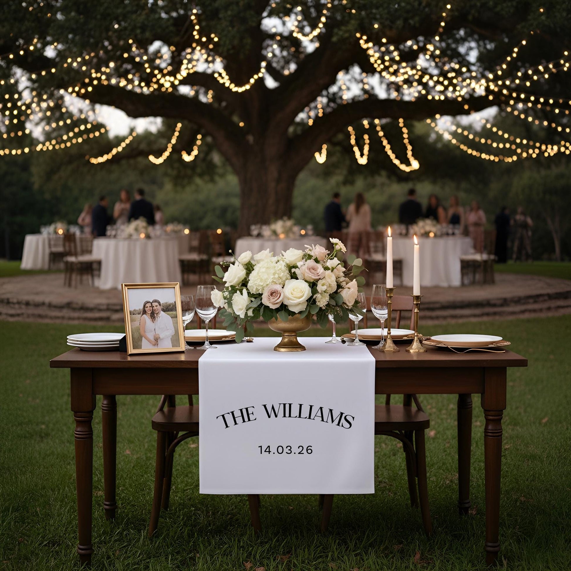 Personalized Linen-Look Wedding Table Runner, Custom Anniversary Banner, Couples Decor