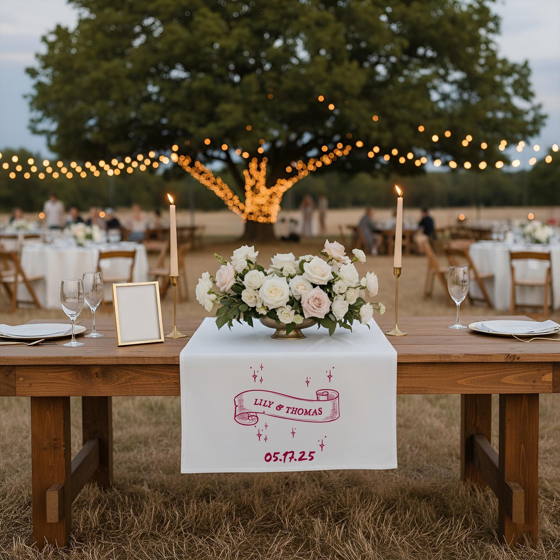 Personalized Cranberry Wedding Table Runner, Linen-Look Canvas Tablescape Decor