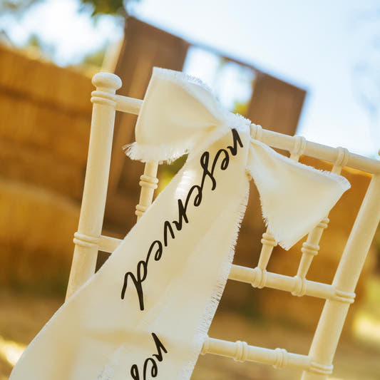 Wedding Chair Sash, Frayed Edge Canvas or Satin, Personalized Rustic Boho Ceremony Decor
