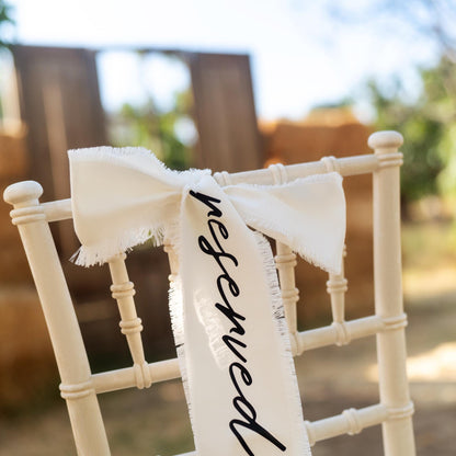 Wedding Chair Sash Set, Frayed Canvas or Satin, Personalized Reserved Seating, Ceremony Decor