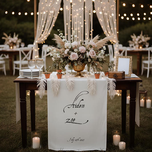 Personalized Pampas Linen Wedding Runner, Custom Calligraphy Banner, Boho Sweetheart Decor