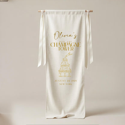 Custom Champagne Tower Banner, Washed Linen-Look Canvas Bridal Shower Decor, Editorial Bachelorette Sign