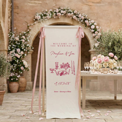 Minimalist Wedding Welcome Sign, Linen Fabric Banner, Modern Ceremony Decor