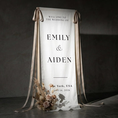 Linen Wedding Welcome Sign, Classic Fabric Ceremony Banner, Elegant Entrance Decor