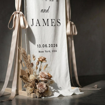 Forest Wedding Welcome Sign, Linen Fabric Banner, Outdoor Ceremony Decor