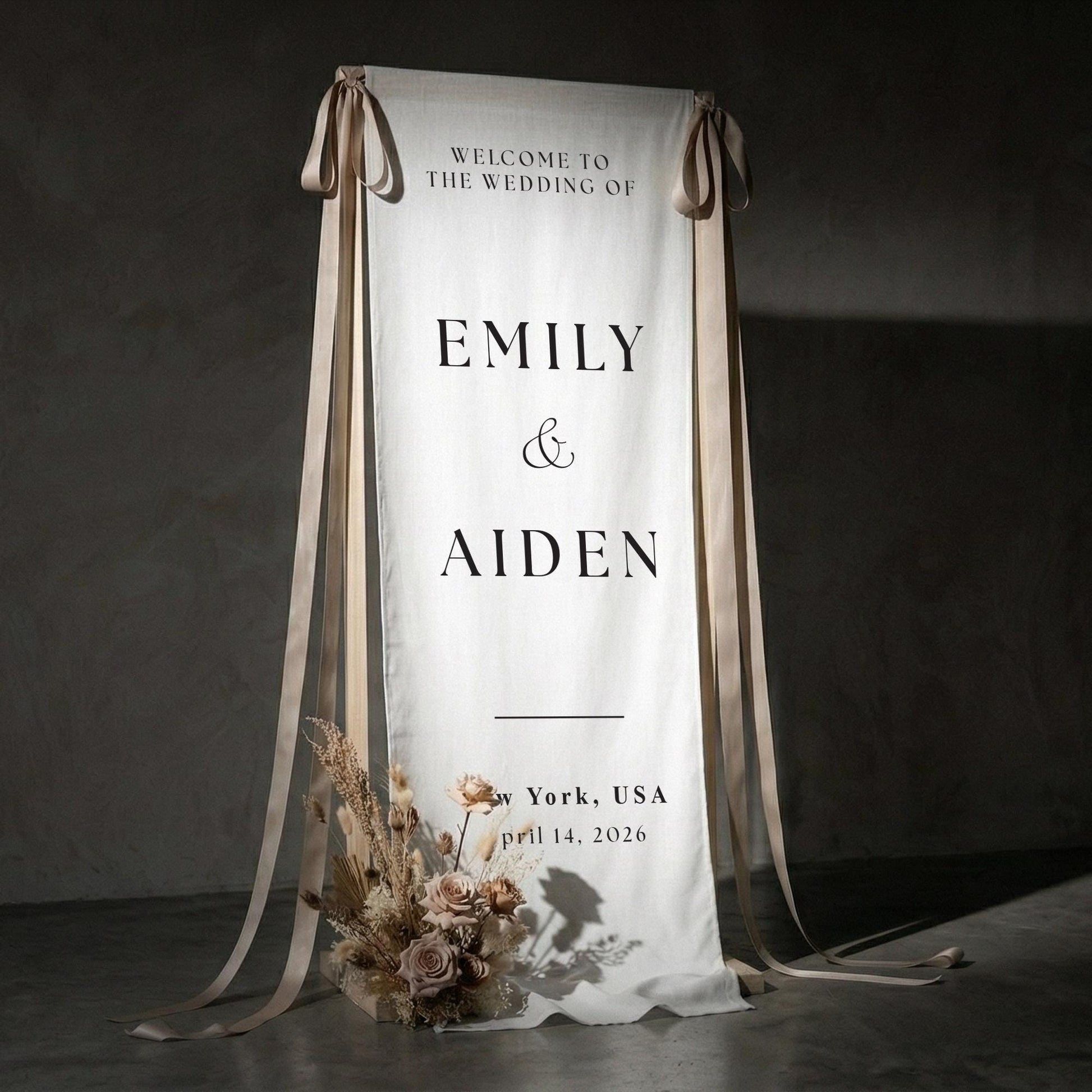 Elegant Wedding Welcome Sign, Linen Fabric Banner, Minimal Ceremony Decor
