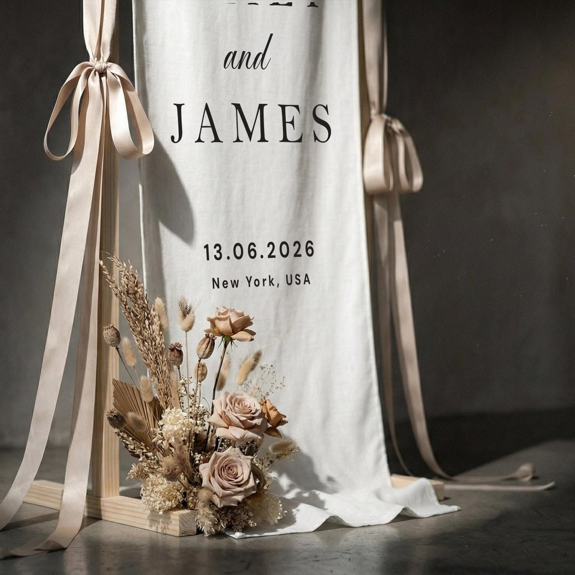 Elegant Wedding Welcome Sign, Linen Fabric Banner, Minimal Ceremony Decor