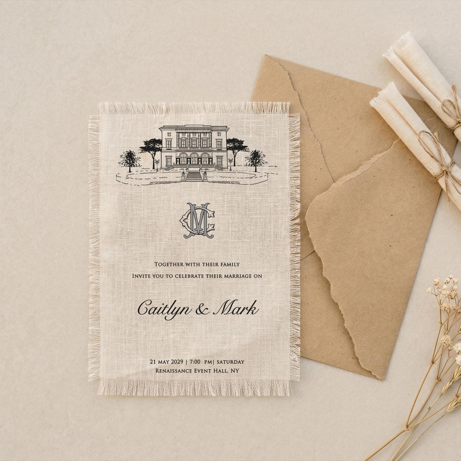 Linen Wedding Invitation with Frayed Edge, Botanical Fabric Invite, Rustic Boho Stationery, Personalized Card