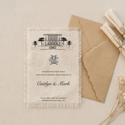 Linen Wedding Invitation with Frayed Edge, Botanical Fabric Invite, Rustic Boho Stationery, Personalized Card