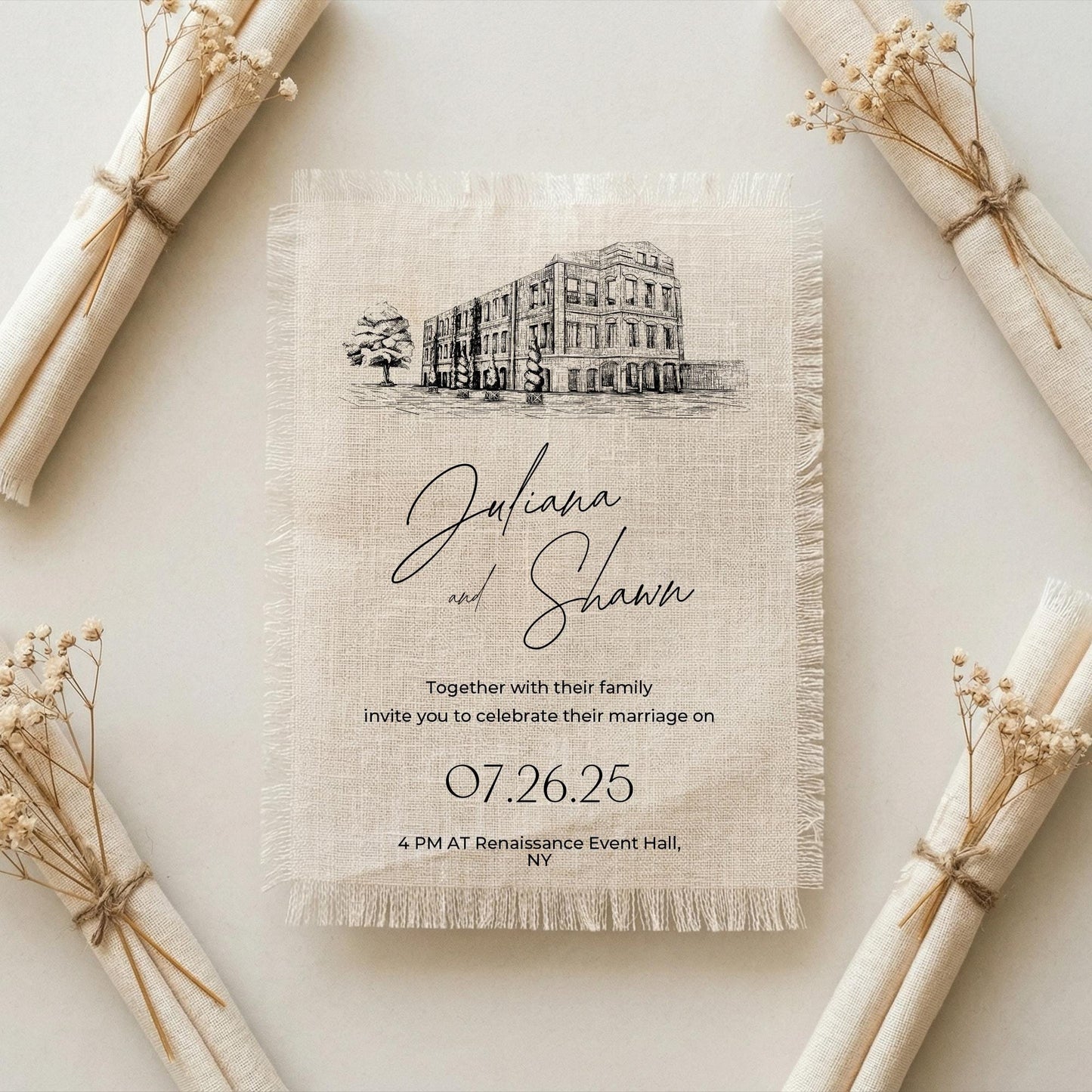 Linen Wedding Invitation with Frayed Edge, Botanical Fabric Invite, Rustic Boho Stationery, Personalized Card