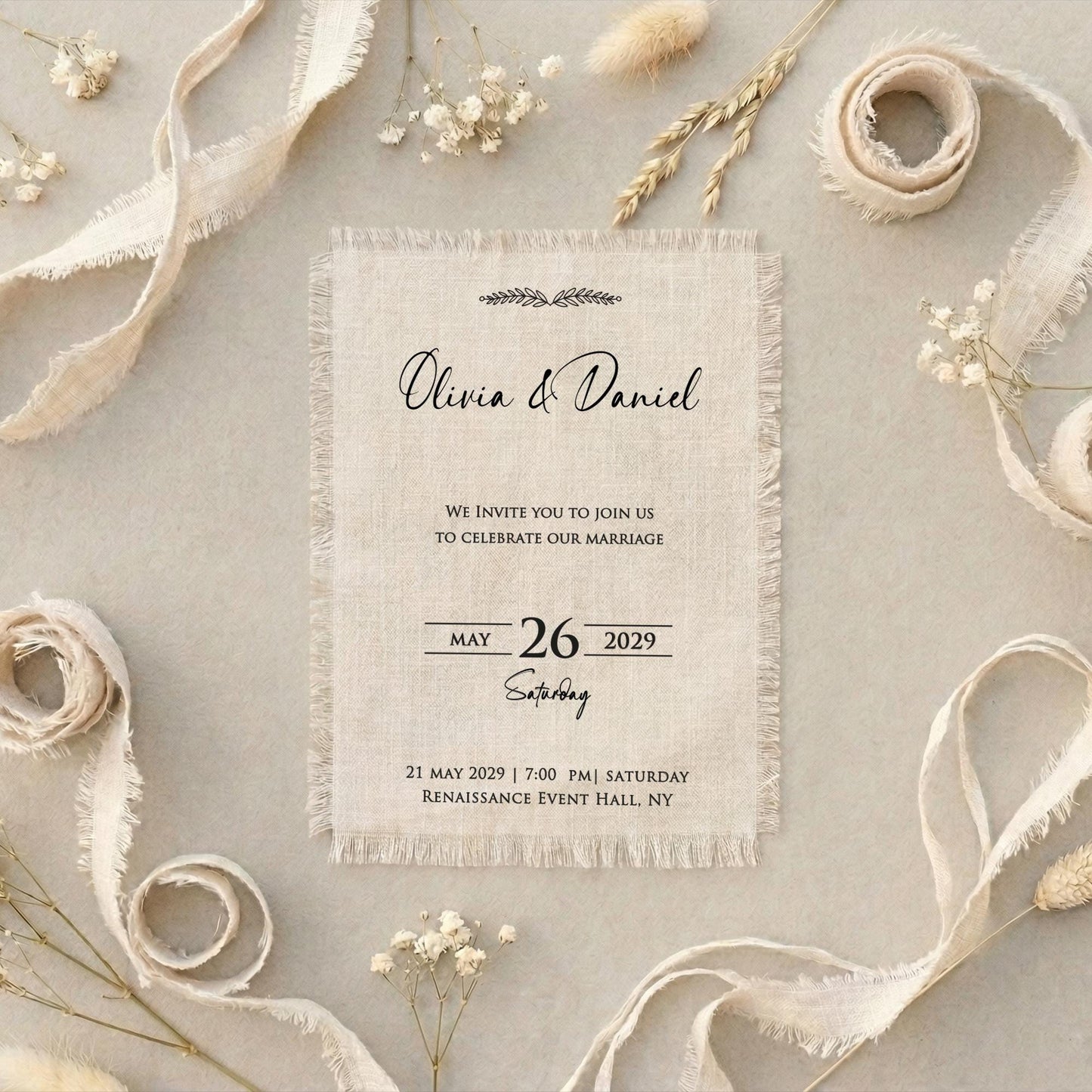 Modern Monogram Wedding Invitation, Linen Frayed Edge European Card, Personalized Minimalist Stationery, 15 Designs