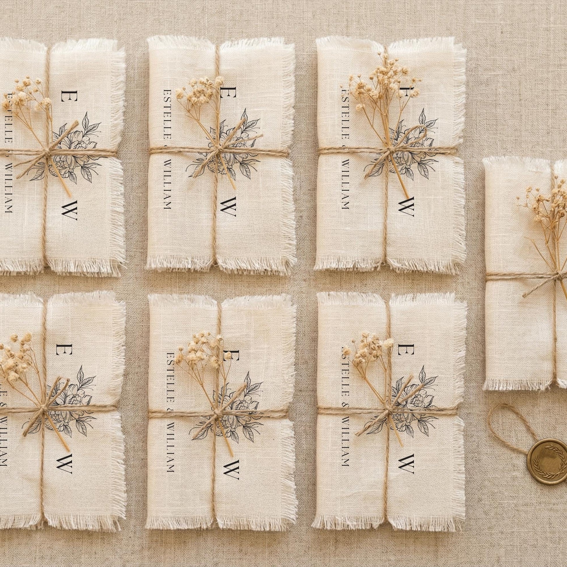 Modern Monogram Wedding Invitation, Linen Frayed Edge European Card, Personalized Minimalist Stationery, 15 Designs