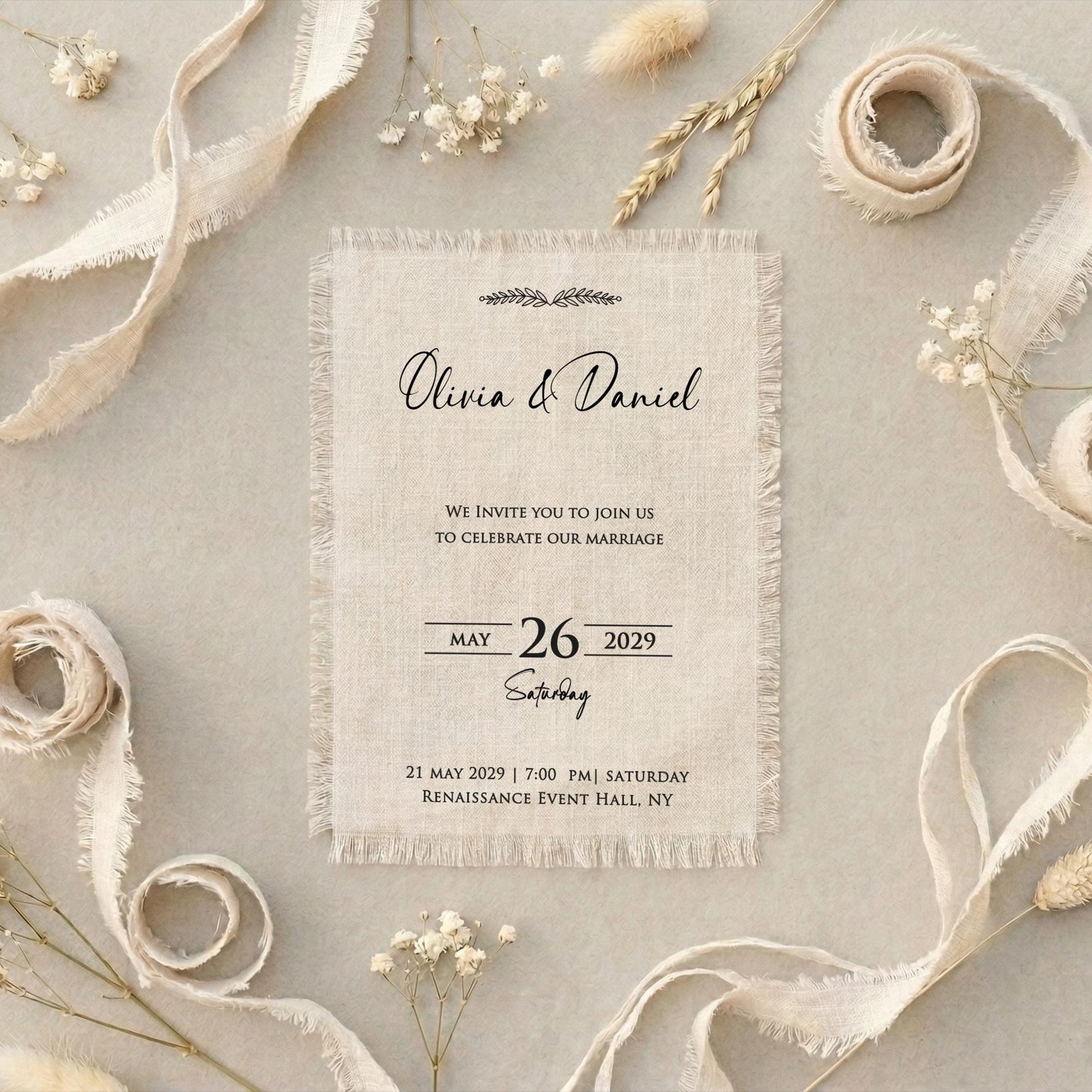 Italian Linen Wedding Invitation, Frayed Edge Monogram Suite, Editorial Frayed Card