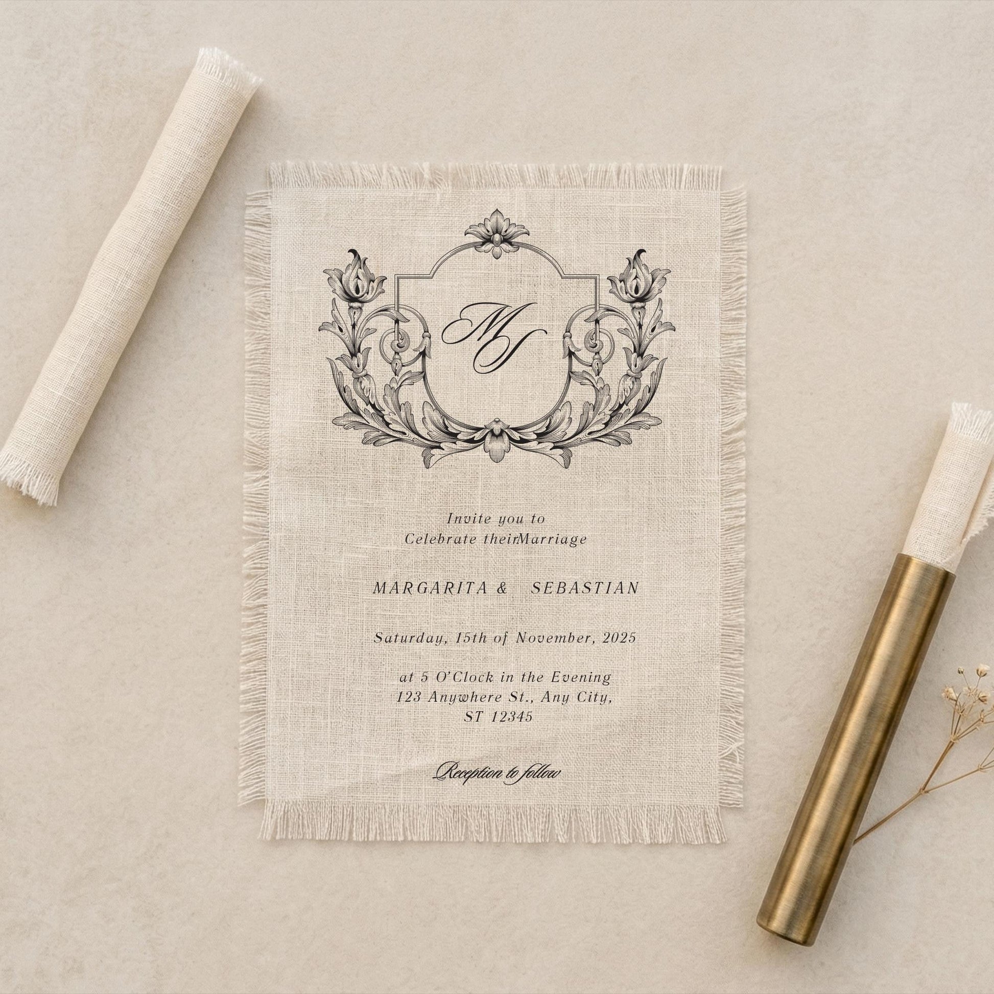 Italian Linen Wedding Invitation, Frayed Edge Monogram Suite, Editorial Frayed Card