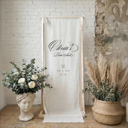 Custom Champagne Tower Banner, Washed Linen-Look Canvas Bridal Shower Decor, Editorial Bachelorette Sign