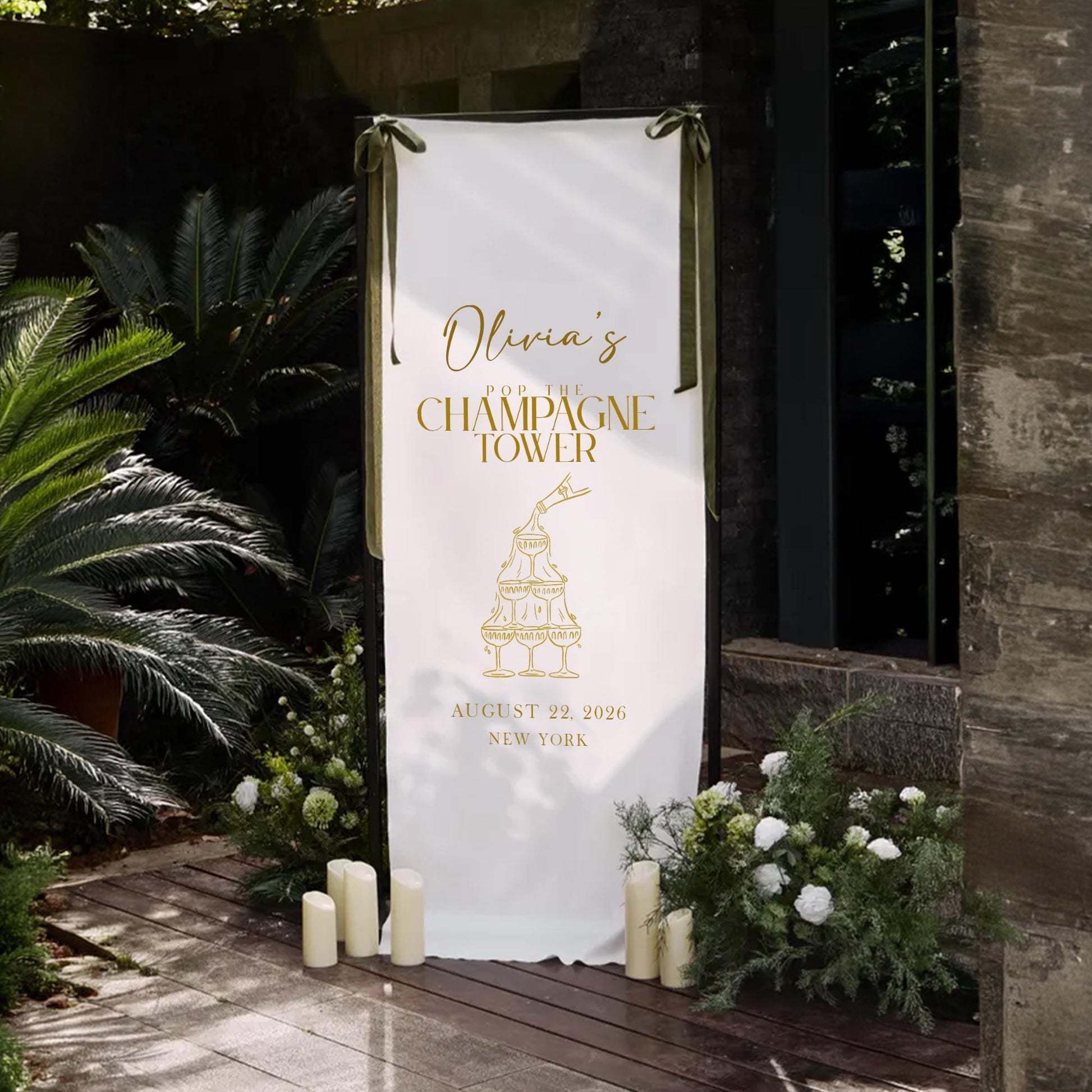 Custom Champagne Tower Banner, Washed Linen-Look Canvas Bridal Shower Decor, Editorial Bachelorette Sign