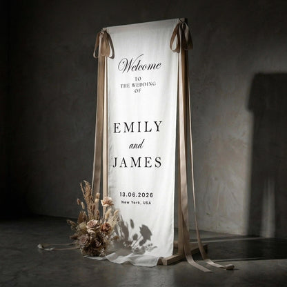 Linen Wedding Welcome Sign, Classic Fabric Ceremony Banner, Elegant Entrance Decor