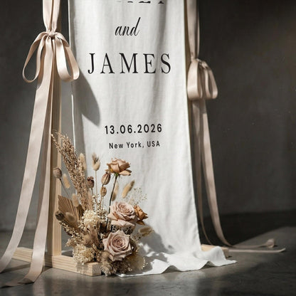 Linen Wedding Welcome Sign, Classic Fabric Ceremony Banner, Elegant Entrance Decor