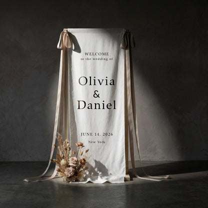 Linen Wedding Welcome Sign, Classic Fabric Ceremony Banner, Elegant Entrance Decor