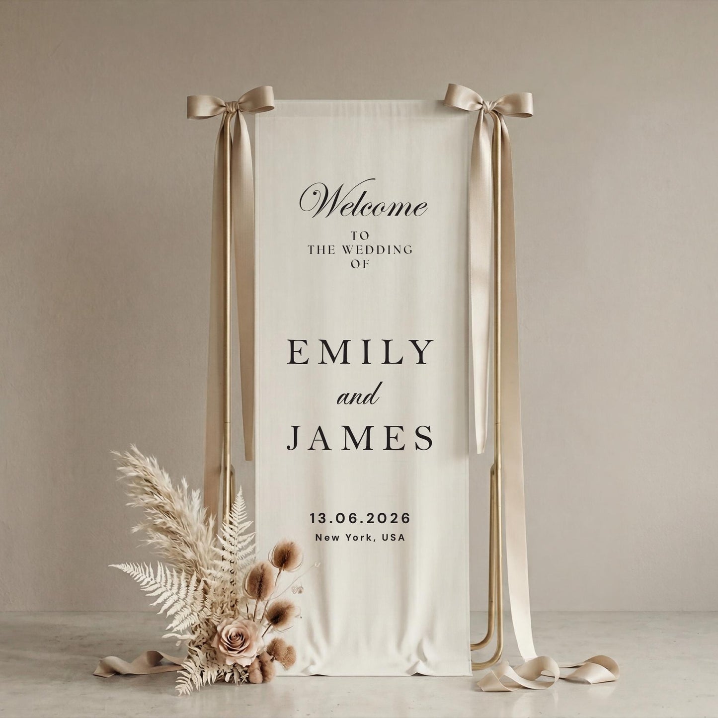 Minimalist Wedding Welcome Sign, Linen Fabric Banner, Modern Ceremony Decor