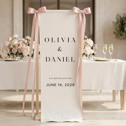 Elegant Wedding Welcome Sign, Linen Fabric Banner, Minimal Ceremony Decor