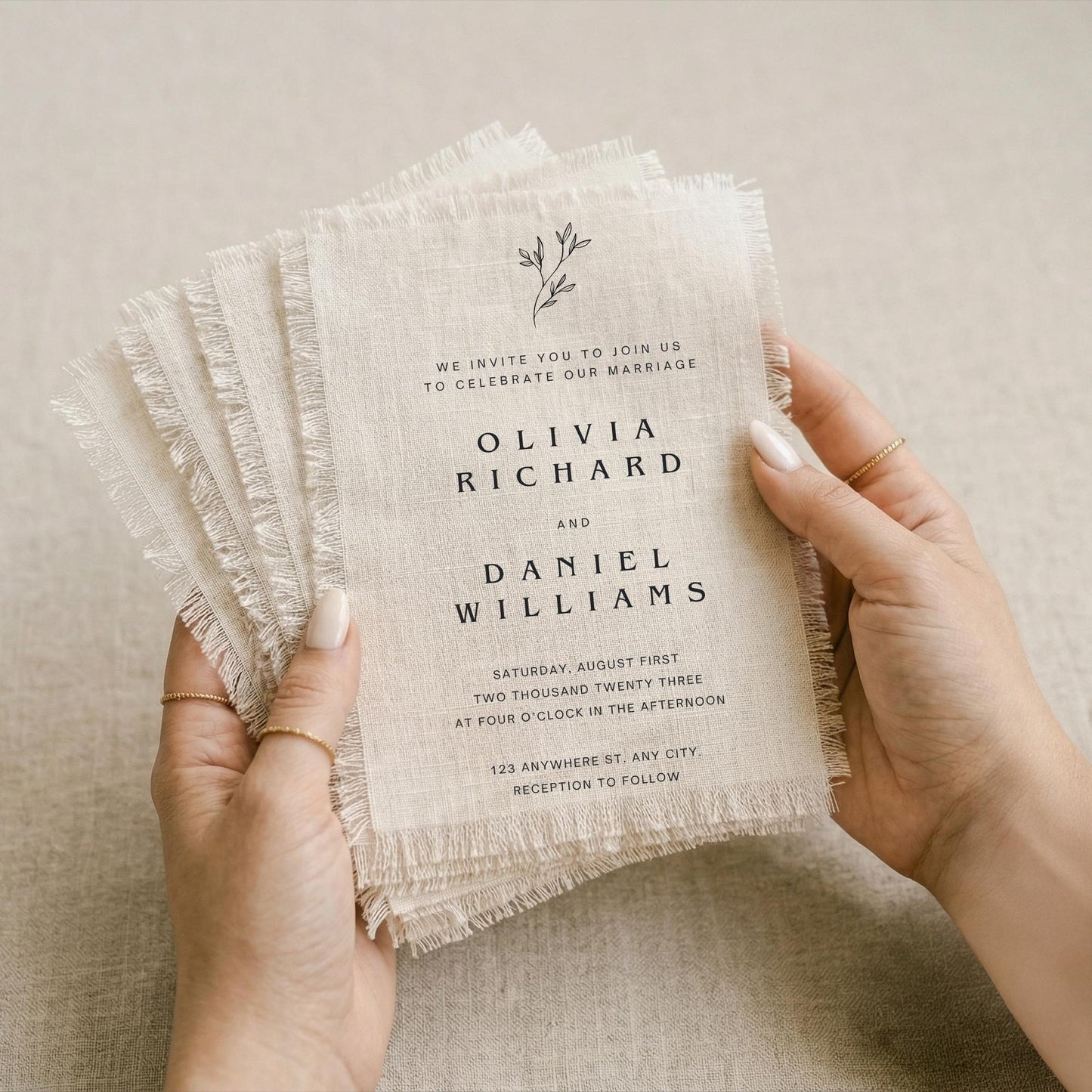 Italian Linen Wedding Invitation, Frayed Edge Monogram Suite, Editorial Frayed Card
