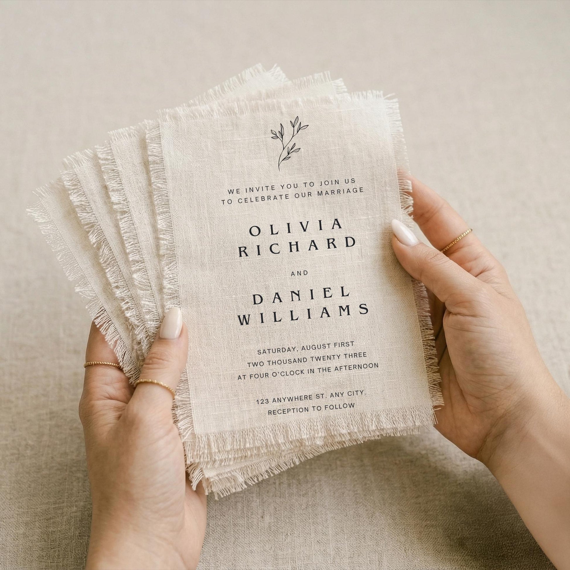 Italian Linen Wedding Invitation, Frayed Edge Monogram Suite, Editorial Frayed Card