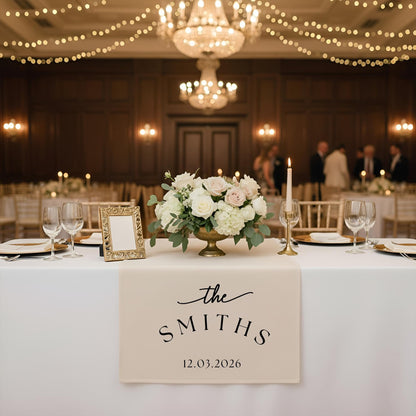 Personalized Linen-Look Wedding Table Runner, Custom Anniversary Banner, Couples Decor