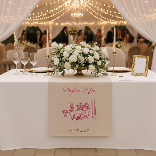 Personalized Cranberry Wedding Table Runner, Linen-Look Canvas Tablescape Decor