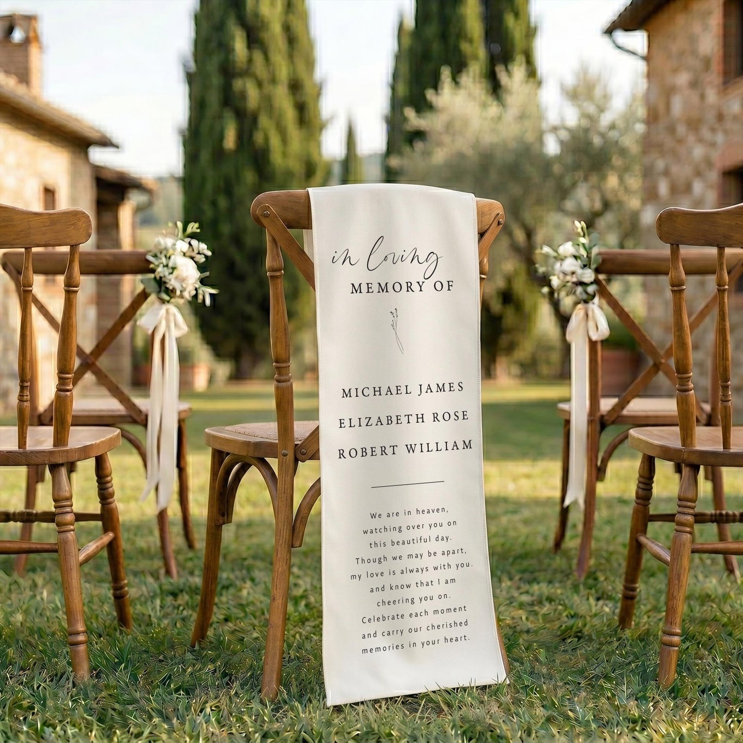Personalized Photo Memorial Wedding Sign, Italian Linen Banner, Tuscan Chair Decor