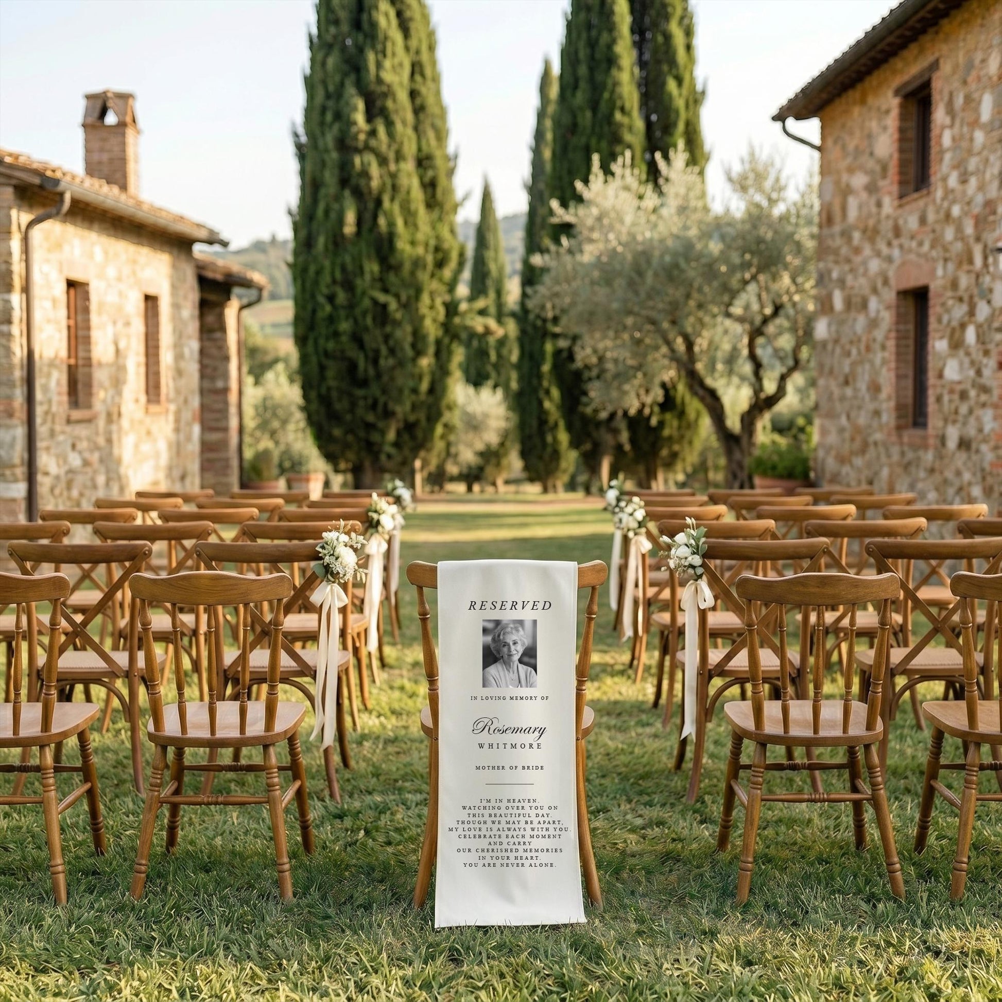 Personalized Photo Memorial Wedding Sign, Italian Linen Banner, Tuscan Chair Decor