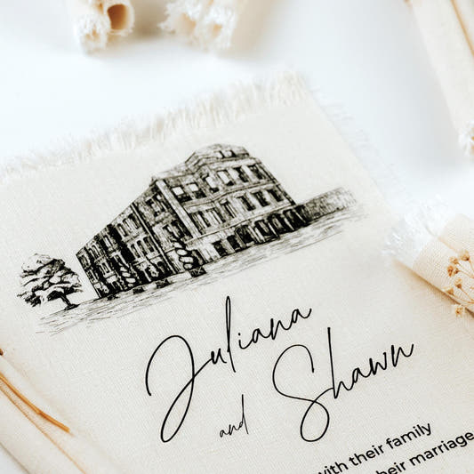 Custom Venue Illustration Wedding Invitation, Linen Frayed Edge Italian Card, Personalized Tuscan Stationery