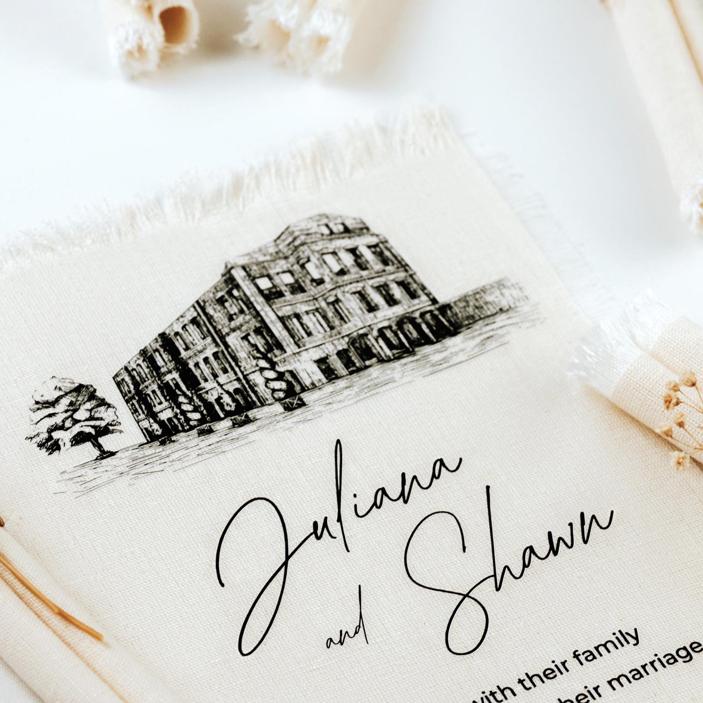 Custom Venue Illustration Wedding Invitation, Linen Frayed Edge Italian Card, Personalized Tuscan Stationery