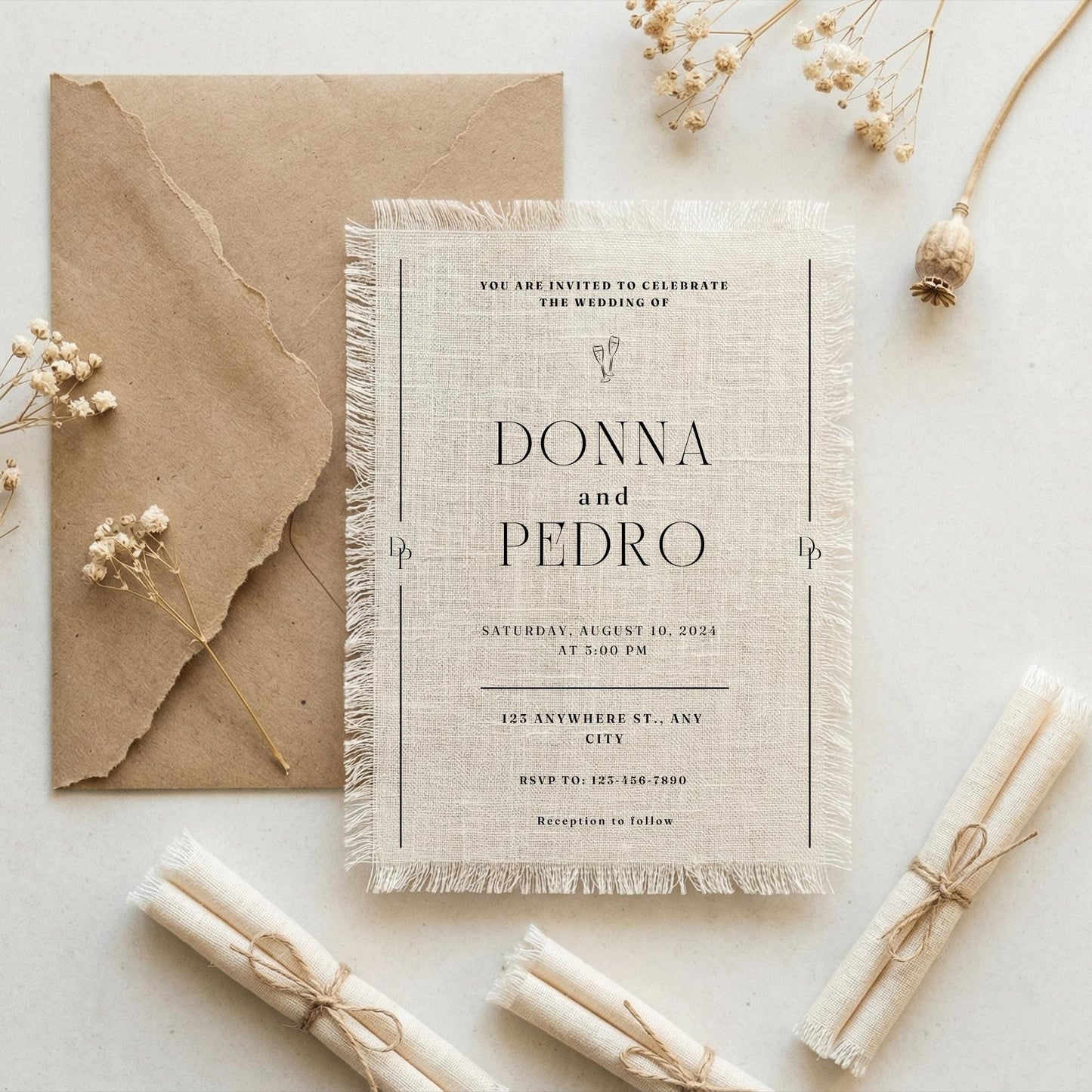 Italian Linen Wedding Invitation, Frayed Edge Monogram Suite, Editorial Frayed Card
