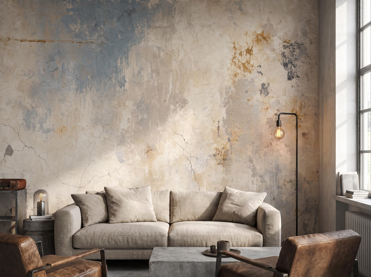 Cream and blue-gray distressed plaster mural filling the wall behind a linen sofa, lit from a side window